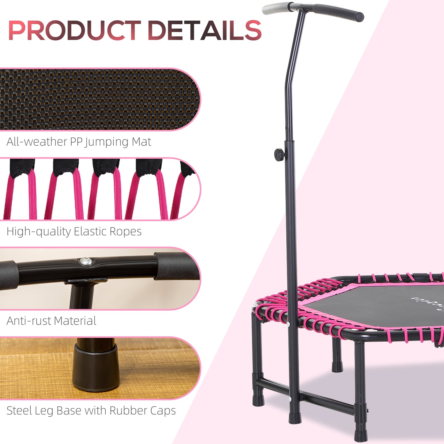 hexagon rebounder trampoline with adjustable handlebar for cardio