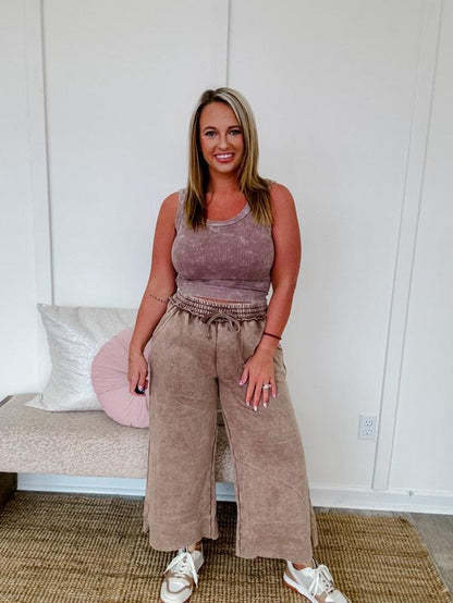 Acid Wash Wide Leg Sweatpants in Mocha