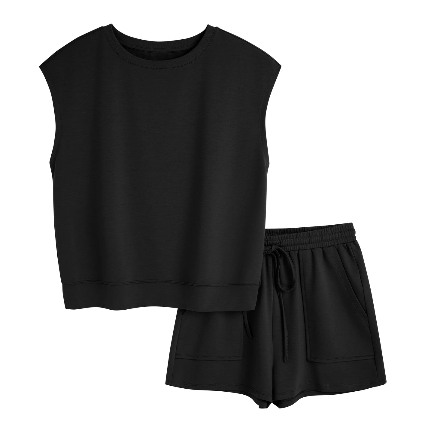 Lounge Sets for Women Two Piece Outfits Sweatsuit Crew Neck Short Sets Cap Sleeve Drawstring with Pocket