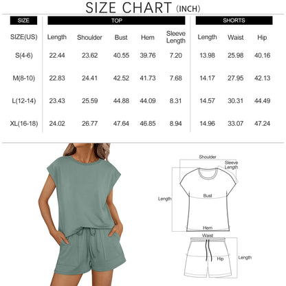 Lounge Sets for Women Two Piece Outfits Sweatsuit Crew Neck Short Sets Cap Sleeve Drawstring with Pocket