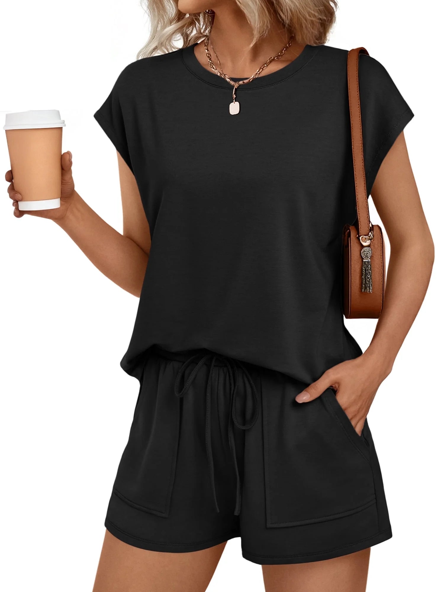 Lounge Sets for Women Two Piece Outfits Sweatsuit Crew Neck Short Sets Cap Sleeve Drawstring with Pocket