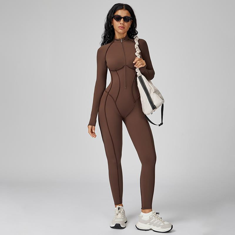 Womens Contour Seams Long Sleeve Padded Workout Jumpsuit Zip up Tummy Control One Piece Bodycon Yoga Rompers Fitness Sport Outfits Athletic Style Activewear
