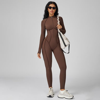 Womens Contour Seams Long Sleeve Padded Workout Jumpsuit Zip up Tummy Control One Piece Bodycon Yoga Rompers Fitness Sport Outfits Athletic Style Activewear