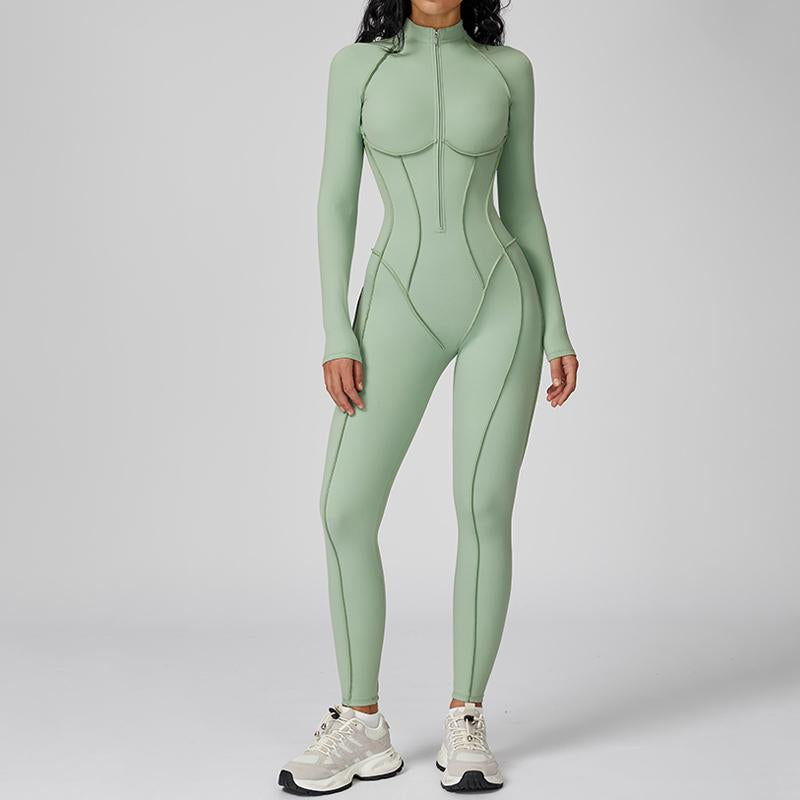Womens Contour Seams Long Sleeve Padded Workout Jumpsuit Zip up Tummy Control One Piece Bodycon Yoga Rompers Fitness Sport Outfits Athletic Style Activewear