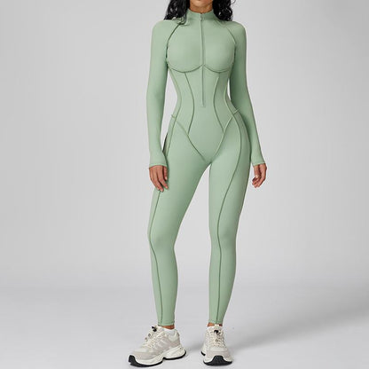 Womens Contour Seams Long Sleeve Padded Workout Jumpsuit Zip up Tummy Control One Piece Bodycon Yoga Rompers Fitness Sport Outfits Athletic Style Activewear