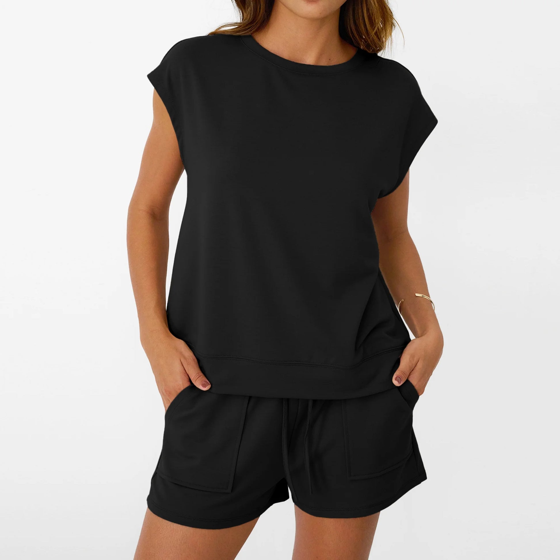 Lounge Sets for Women Two Piece Outfits Sweatsuit Crew Neck Short Sets Cap Sleeve Drawstring with Pocket