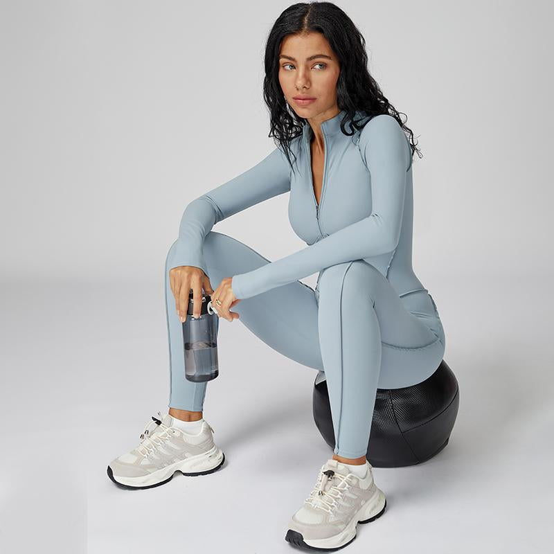 Womens Contour Seams Long Sleeve Padded Workout Jumpsuit Zip up Tummy Control One Piece Bodycon Yoga Rompers Fitness Sport Outfits Athletic Style Activewear