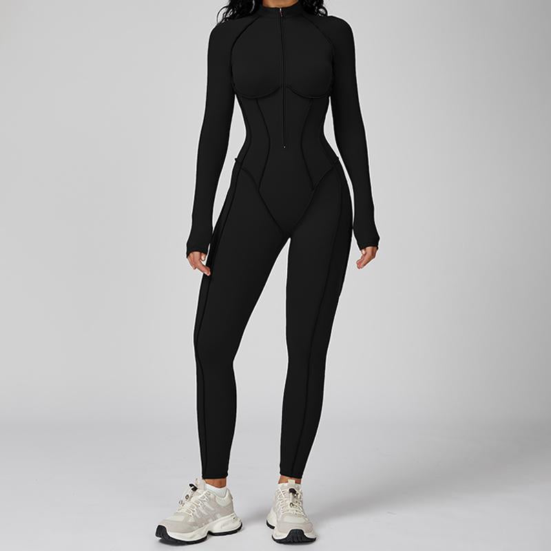 Womens Contour Seams Long Sleeve Padded Workout Jumpsuit Zip up Tummy Control One Piece Bodycon Yoga Rompers Fitness Sport Outfits Athletic Style Activewear