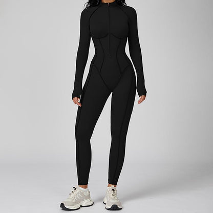 Womens Contour Seams Long Sleeve Padded Workout Jumpsuit Zip up Tummy Control One Piece Bodycon Yoga Rompers Fitness Sport Outfits Athletic Style Activewear