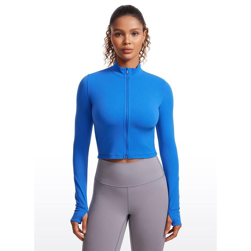 CRZ YOGA Womens Butterluxe Full Zip Cropped Workout Jacket Slim Fit Lightweight Athletic Yoga Tops with Thumb Holes