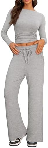 women 2 piece lounge set ruched top wide leg pants