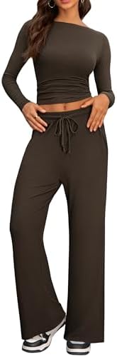 women 2 piece lounge set ruched top wide leg pants