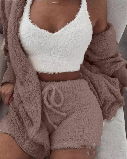 women plush 3 piece lounge set for home wear