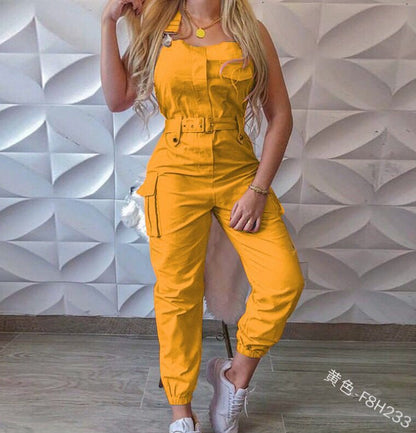 women sleeveless work jumpsuit with belt office wear

