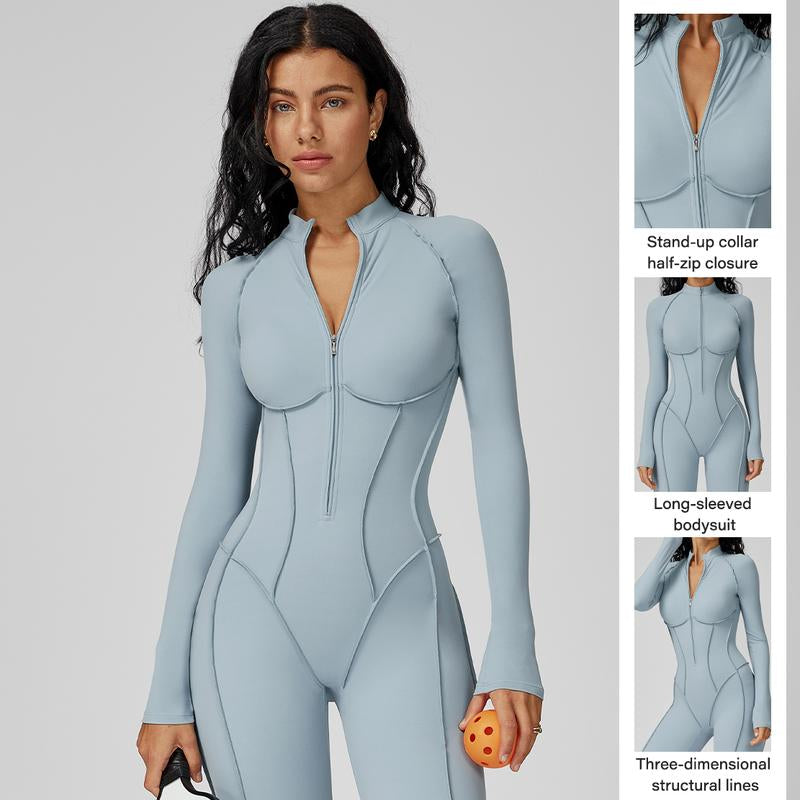 Womens Contour Seams Long Sleeve Padded Workout Jumpsuit Zip up Tummy Control One Piece Bodycon Yoga Rompers Fitness Sport Outfits Athletic Style Activewear