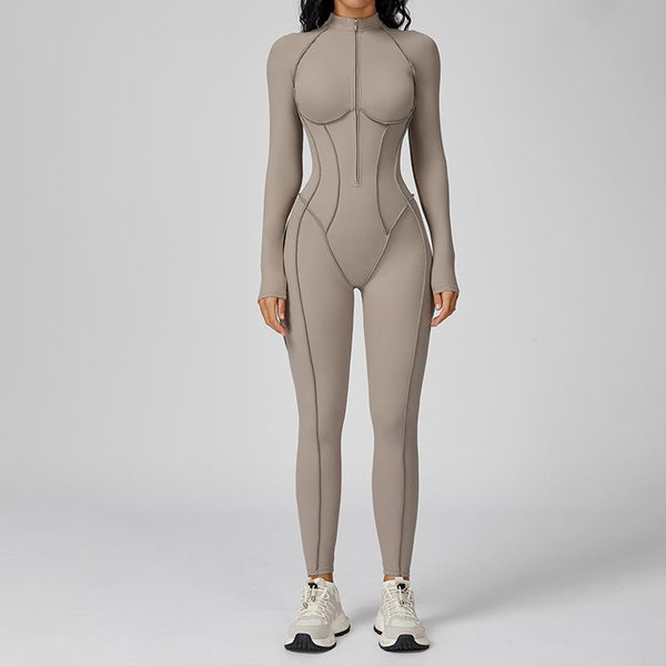 Womens Contour Seams Long Sleeve Padded Workout Jumpsuit Zip up Tummy Control One Piece Bodycon Yoga Rompers Fitness Sport Outfits Athletic Style Activewear